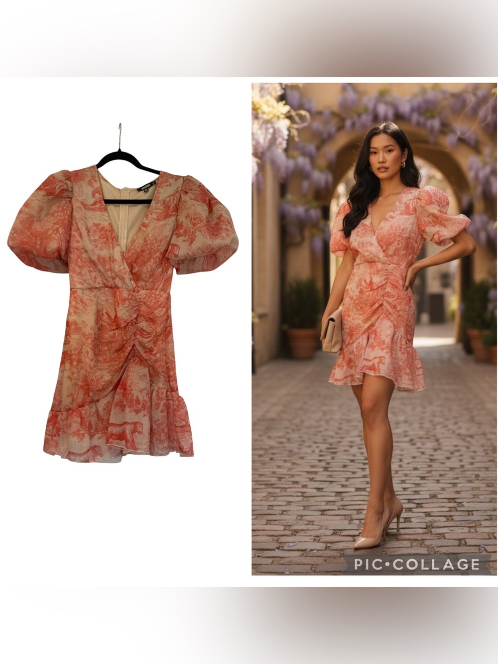 Missguided Coral Beige Porcelain Jungle Toile de Jouy Mini Dress Size 4